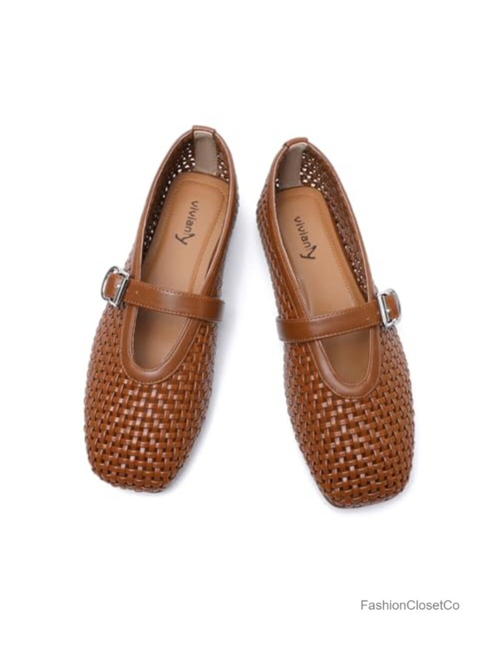 Woven Square Toe Mary Jane Flats with Buckle Strap - Comfortable Slip-on